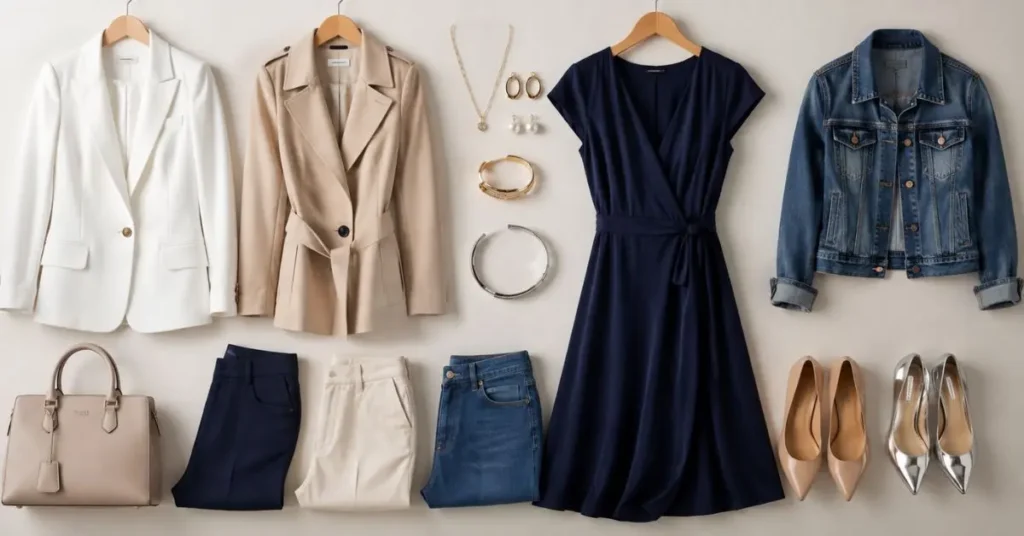 Capsule wardrobe built around navy blue with white blazers, beige coats, neutral handbags, metallic jewelry, nude footwear, and a classic denim jacket.