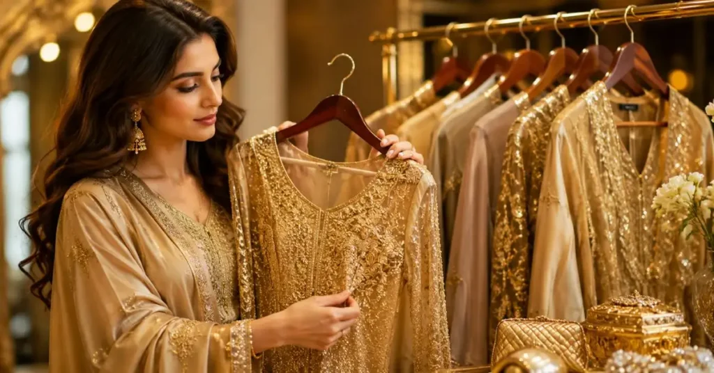 Elegant gold outfit shopping scene with a woman examining an embellished dress in a warm, luxurious boutique setting.
