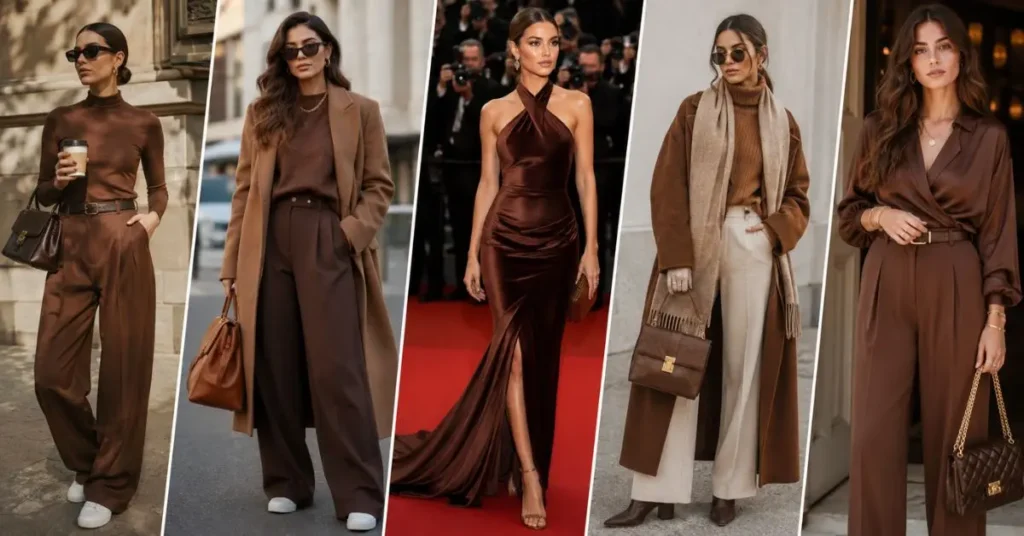 Collage of celebrity and influencer-inspired brown outfits featuring street style, layered looks, and elegant red carpet fashion in neutral tones