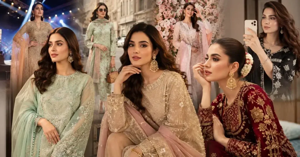 Celebrity influence on Pakistani fashion featuring women in elegant traditional outfits, embroidered suits, and modern ethnic styles.