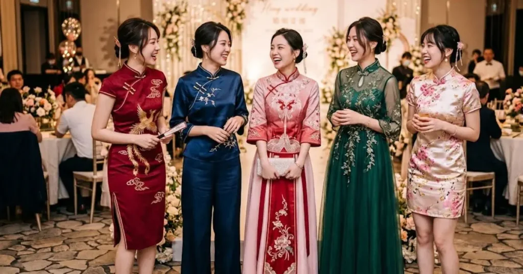 Chinese party wear ideas for weddings and special events featuring elegant embroidered gowns, luxury oriental-inspired fashion, and sophisticated evening party styles