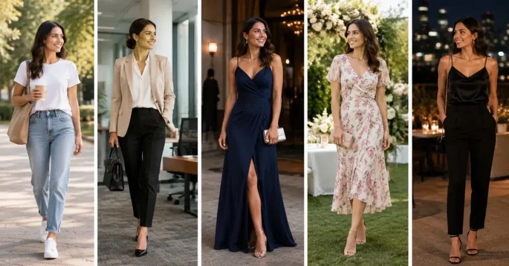 **Alt Text:**
Choosing the Right Outfit for Different Occasions featuring stylish American summer fashion for beach vacations, brunch outings, garden parties, weddings, and elegant evening events.