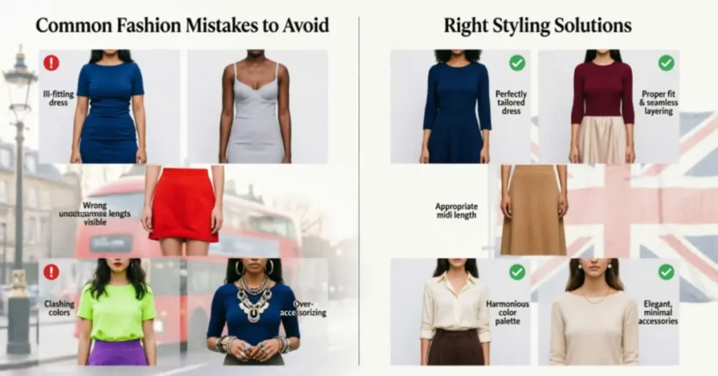 An informative visual highlighting common fashion mistakes to avoid, showing examples of poor outfit coordination, incorrect sizing, clashing colors, and over-accessorizing contrasted with balanced, well-styled modern fashion looks.