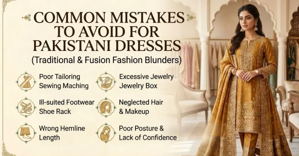 Common Mistakes to Avoid While Styling Traditional Pakistani Dresses, including mismatched accessories, overlayering, poor color combinations, and improper outfit fitting.