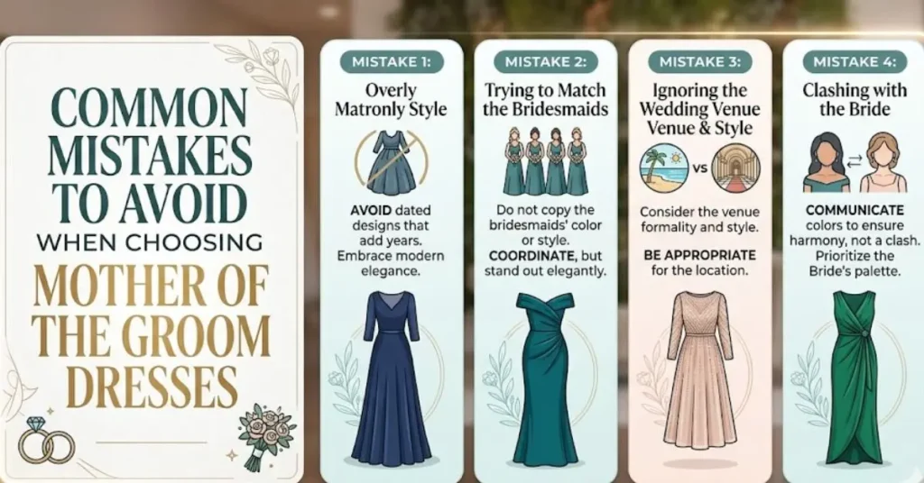 Common mistakes to avoid when choosing mother of the groom dresses, including poor fit, mismatched colors, and overly casual wedding attire styles.