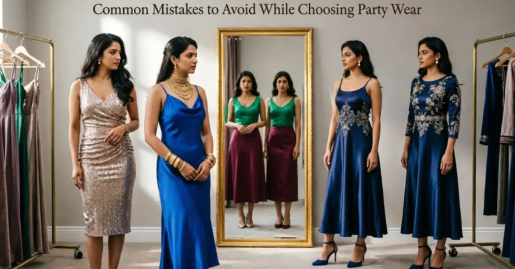 Common Mistakes to Avoid While Choosing Party Wear featuring improper fitting, uncomfortable fabrics, over-accessorizing, poor color choices, and outdated styling in elegant Indian ethnic fashion and festive outfit selection.