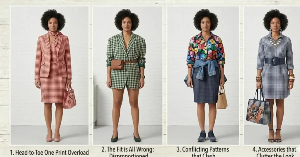 Common gingham styling mistakes to avoid include wearing oversized patterns incorrectly, mismatching accessories, choosing unbalanced colors, and over-layering outfits that reduce the elegant fashion look.
