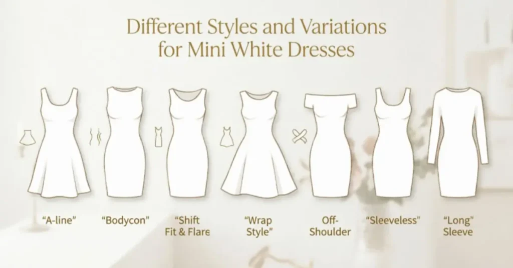 Different styles and variations of white mini dress featuring trendy elegant and modern fashion looks