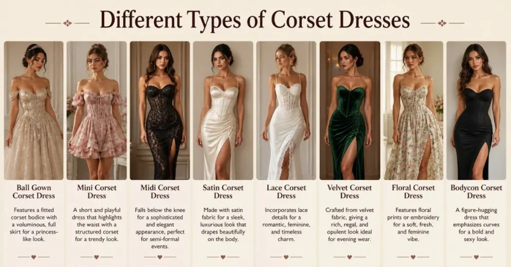 Infographic showing different types of corset dresses, including ball gown, mini corset dress, midi corset dress, satin corset dress, lace corset dress, velvet corset dress, floral corset dress, and bodycon corset dress with elegant fashion models wearing each style.