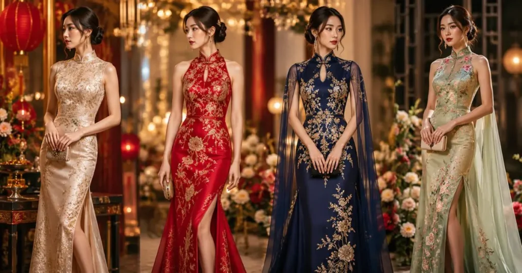 Chinese Party Wear Dresses featuring elegant embroidered gowns and luxurious oriental-inspired fashion for weddings and special events in 2026