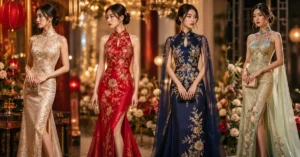 Chinese Party Wear Dresses featuring elegant embroidered gowns and luxurious oriental-inspired fashion for weddings and special events in 2026