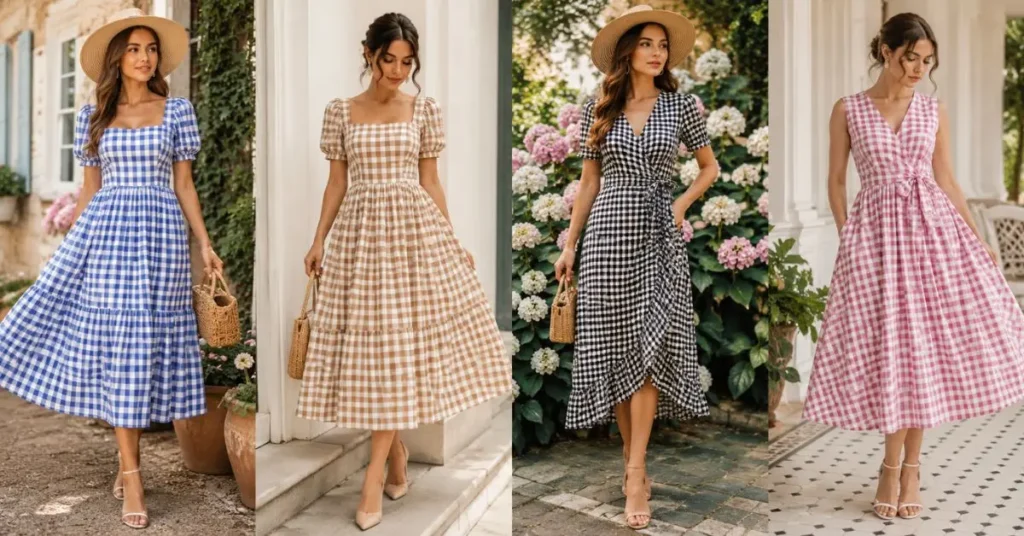 Elegant women wearing stylish gingham dresses in blue, beige, black, and pink patterns, showcasing timeless chic fashion in elegant outdoor settings with soft natural lighting.