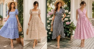 Elegant women wearing stylish gingham dresses in blue, beige, black, and pink patterns, showcasing timeless chic fashion in elegant outdoor settings with soft natural lighting.