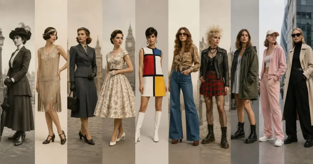 A visual representation of the evolution of modern British fashion, showcasing the transition from traditional Victorian and classic tailoring styles to contemporary 2026 trends featuring sleek silhouettes, innovative fabrics, and a blend of heritage elegance with modern street and runway influences.