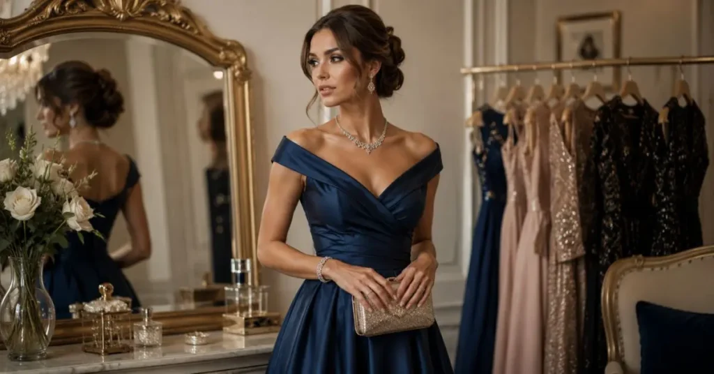 Expert styling tips for a luxurious appearance featuring an elegant woman in sophisticated evening wear, showcasing refined British-inspired fashion, premium accessories, and a glamorous high-end aesthetic suitable for formal events and parties.