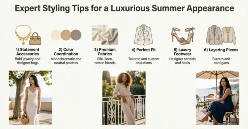 Expert Styling Tips for a Luxurious Summer Appearance featuring elegant American summer fashion, sophisticated accessories, flattering silhouettes, premium fabrics, and polished styling techniques for a chic and refined seasonal look.