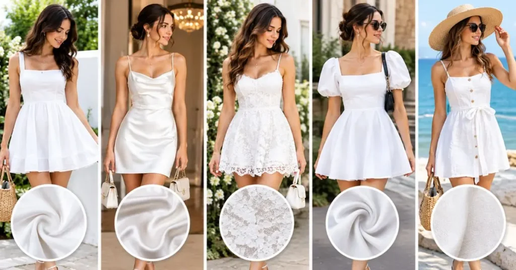 Fabric and quality guide for white mini dresses featuring cotton, satin, lace, polyester blends, and linen fabrics.