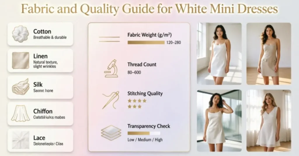Fabric and quality guide for white mini dress featuring cotton satin lace and premium materials
