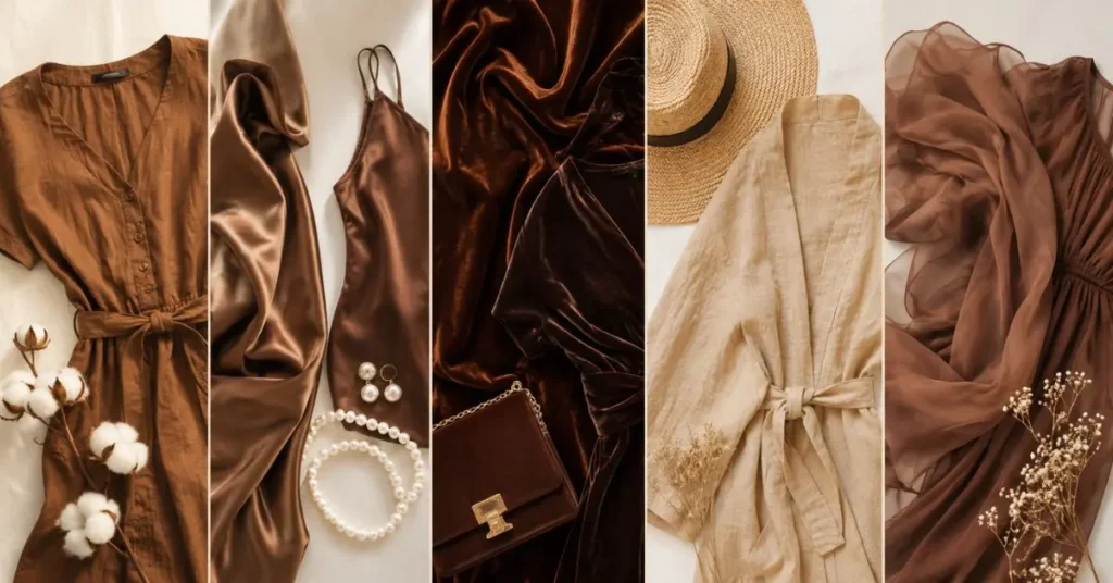 Brown outfit flat lay showcasing different fabrics including cotton, silk, velvet, linen, and chiffon in soft neutral tones