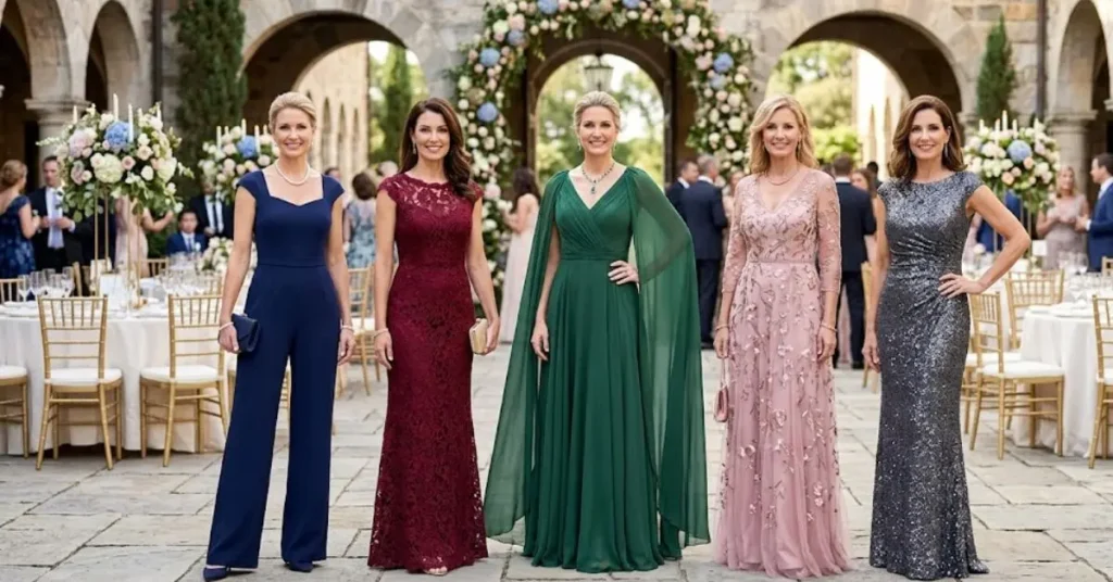 Sophisticated mother of the groom dresses in high-quality evening wear fabrics tailored into modern jumpsuits and classic gowns for a formal wedding celebration.