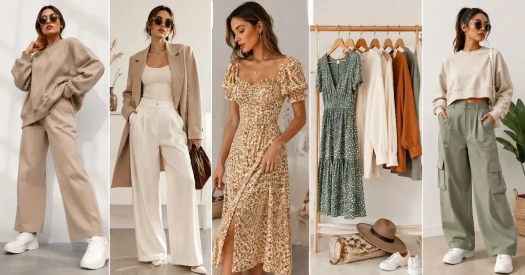 Fashion trends 2026 featuring women in oversized silhouettes, neutral colors, minimalist outfits, vintage-inspired styles, and modern sustainable fashion looks.