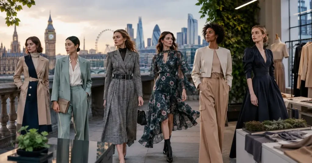 “Conceptual representation of the future of modern British fashion beyond 2026, showcasing innovative clothing designs, sustainable fabrics, and futuristic UK street style blended with elegance and contemporary trends.”