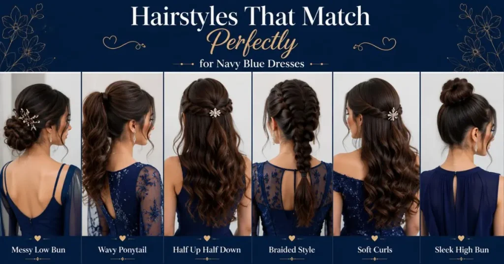 A stylish infographic showcasing six elegant hairstyles perfectly suited for navy blue dresses, including messy low bun, wavy ponytail, half up half down, braided style, soft curls, and sleek high bun on a navy blue fashion theme.
