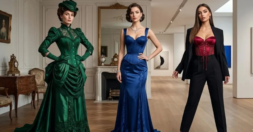 Three women in red, blue, and green corset dresses showing evolution of corset fashion from vintage to modern styles