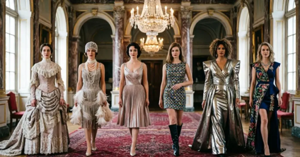 History and evolution of party fashion in England showcasing traditional British elegance, vintage-inspired styles, luxurious fabrics, and modern evening wear trends through different fashion eras.