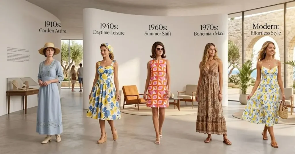 Illustration showing the history and evolution of the sun dress, highlighting its changing styles from classic vintage designs to modern summer fashion trends