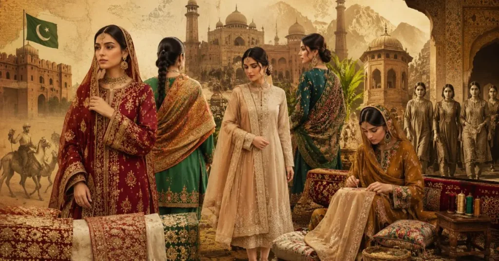 History of Traditional Pakistani Fashion showcasing classic cultural dresses, embroidered ethnic wear, regional styles, and the evolution of Pakistani clothing traditions.