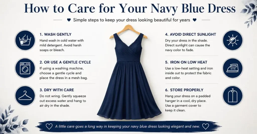 Infographic showing how to care for a navy blue dress, including gentle washing, air drying in shade, low-heat ironing, and proper storage tips with icons and a central navy dress image