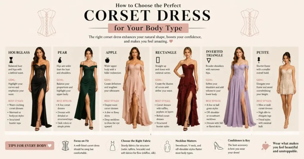Fashion guide showing how to choose the perfect corset dress for different body types, featuring stylish corset dresses in elegant designs and flattering fits.
