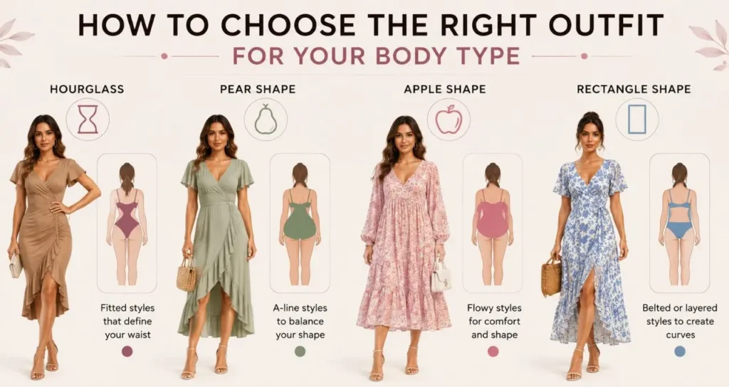 How to choose the right outfit for your body type, featuring stylish fashion ideas for hourglass, pear, apple, and rectangle body shapes for women