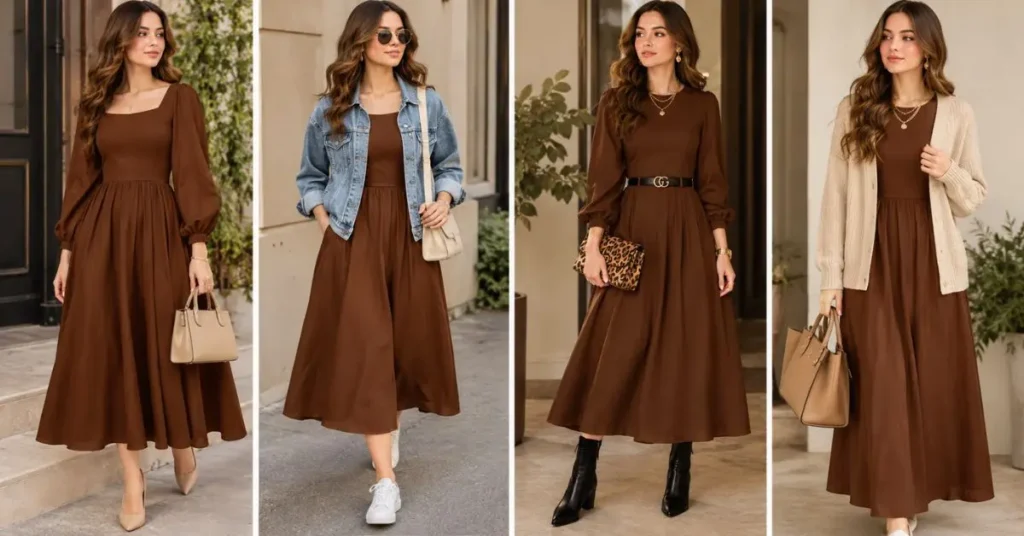 Brown dress styled with nude heels, cream handbag, denim jacket, black boots, gold jewelry, and cozy cardigan layers.