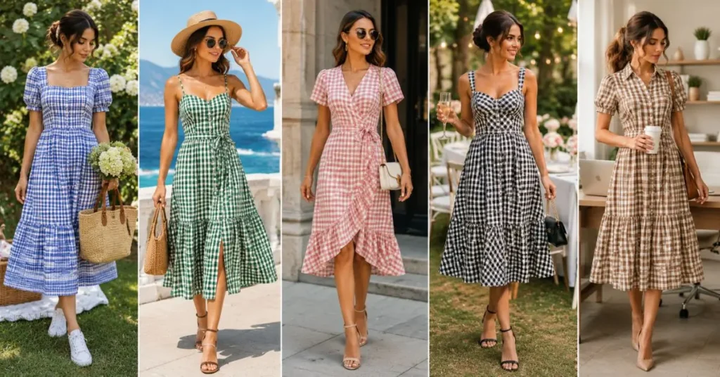 Stylish women wearing gingham dresses styled for casual outings, beach vacations, office wear, and elegant parties, showcasing versatile fashion looks in different beautiful settings.