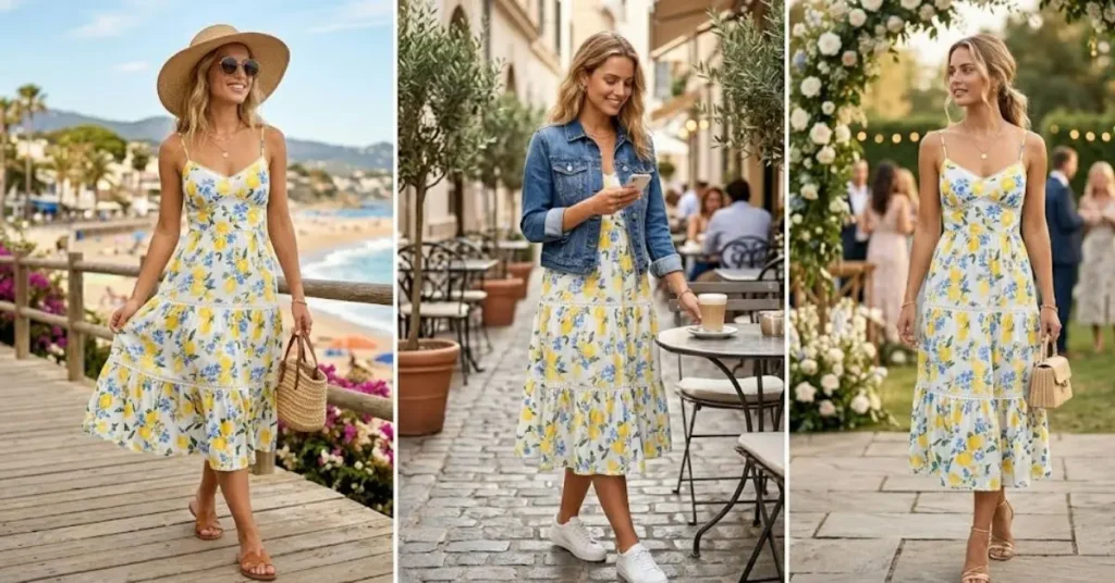 Visual guide on styling a sun dress with accessories like hats, denim jackets, and high heels for various summer looks.