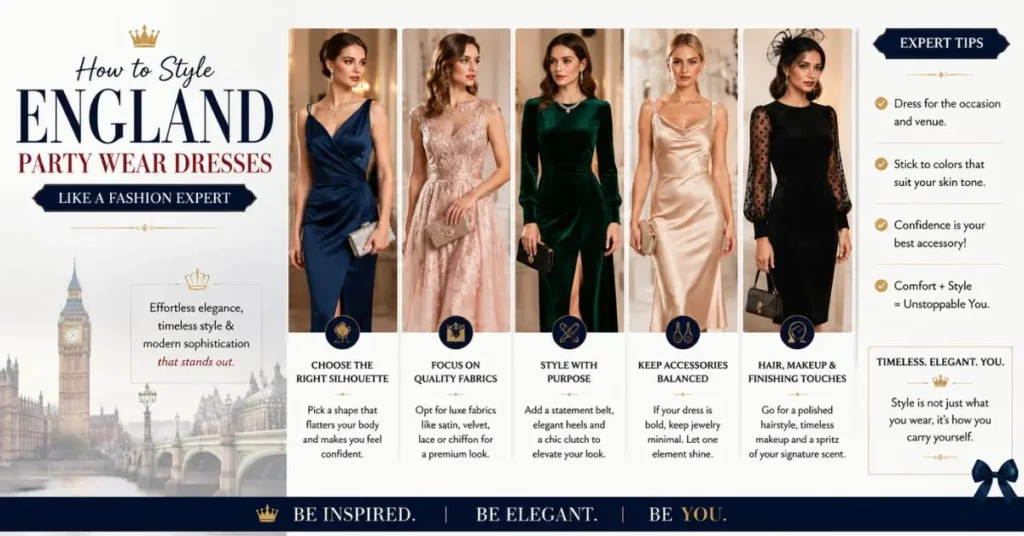 Fashion expert showcasing elegant styling ideas for England party wear dresses with sophisticated accessories and modern British fashion trends for a luxurious look
