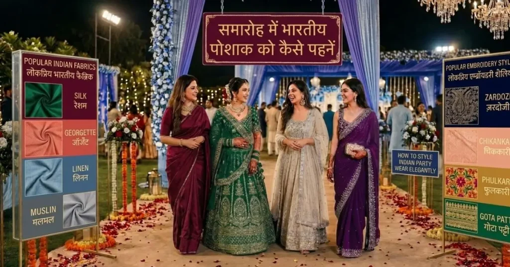 How to Style Indian Party Wear Elegantly with beautiful ethnic fashion, matching jewelry, stylish heels, elegant handbags, glamorous makeup, trendy hairstyles, and modern festive outfit inspiration for weddings and celebrations.