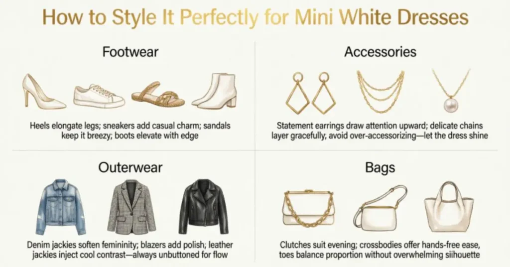 How to style a white mini dress perfectly with trendy accessories, shoes, and fashion ideas