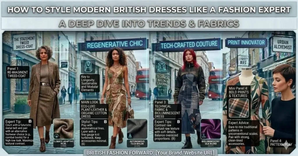 Fashion expert styling modern British fashion dresses with elegant layering, chic accessories, and contemporary UK-inspired outfits, highlighting sophistication, confidence, and trend-focused street and occasion wear styling.
