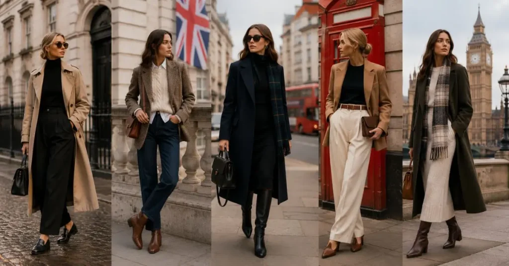 Elegant woman styling modern British fashion dresses with a tailored blazer, trench coat, leather handbag, and classic accessories on a stylish London street.