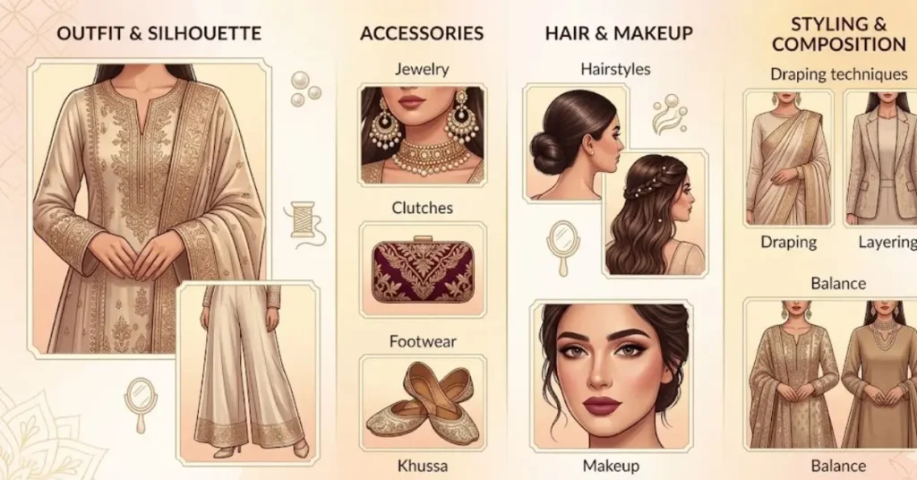 How to Style Traditional Pakistani Outfits Elegantly with matching jewelry, embroidered dupattas, stylish footwear, soft makeup, and graceful ethnic fashion combinations.
