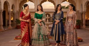 An intricate saree, an elegant lehenga choli, a graceful Anarkali suit, and a contemporary fusion outfit showcase a stunning blend of traditional and modern Indian dress styles for women.