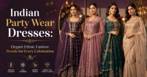 Indian Party Wear Dresses featuring elegant ethnic fashion trends with stylish traditional outfits, embroidered party wear, modern Indian festive attire, and glamorous celebration looks for weddings and special occasions.
