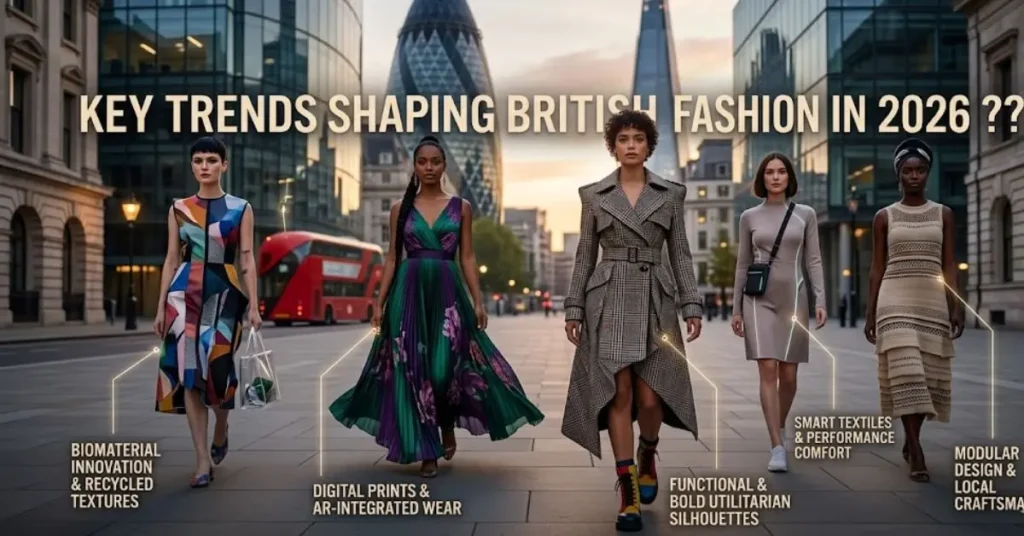 Fashion-forward women showcasing the key British fashion trends of 2026, featuring modern silhouettes, sustainable fabrics, elegant tailoring, trending colors, and contemporary UK street-style influences in a sophisticated urban setting.