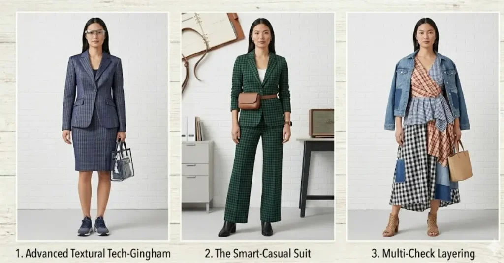 Modern gingham fashion trends in 2026 featuring oversized checks, pastel color palettes, puff sleeve dresses, layered outfits, and chic street-style looks for elegant everyday