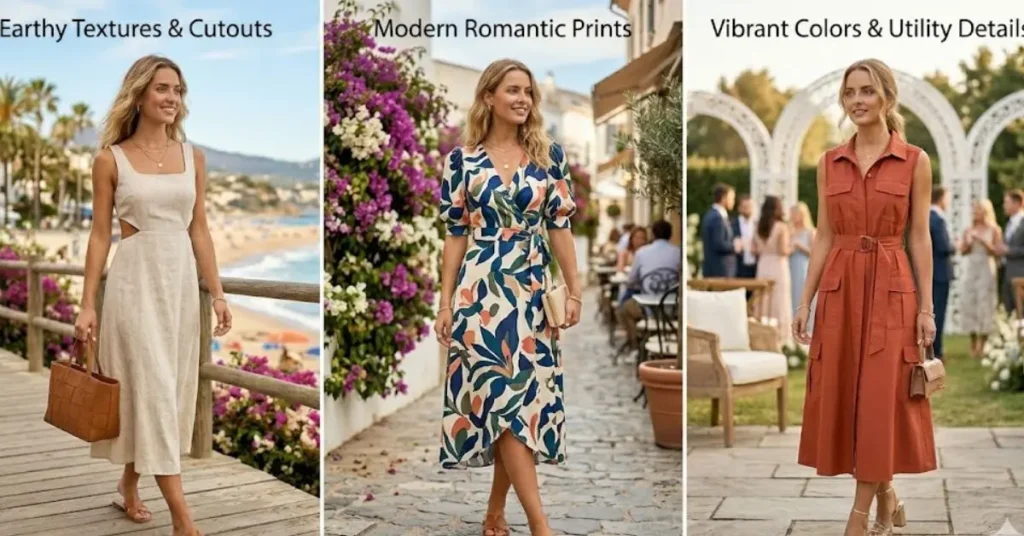 A visual guide to popular summer dress trends, including sustainable linen cutouts, bold floral wrap styles, and practical utility-chic silhouettes.