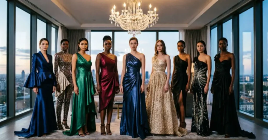 Latest trends in England Party Wear Dresses for 2026 featuring elegant British fashion, satin and silk evening wear, floral embellishments, metallic accents, and modern luxury party outfits.