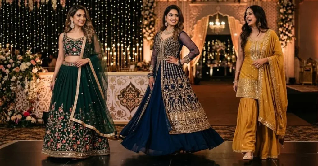Latest Trends in Indian Party Wear Dresses featuring modern ethnic fashion, designer festive outfits, elegant embroidered styles, trendy Indian celebration wear, pastel shades, sequins, mirror work, and stylish traditional looks for weddings and parties.